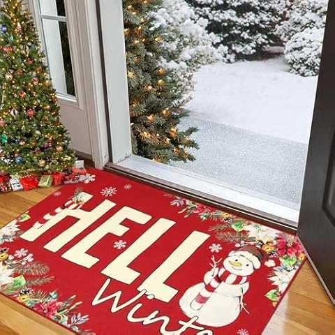 Ileading Red Hello Winter Front Door Mat 32 x 48 in Snowman Christmas Decorative Doormat Snowflake Seasonal Holiday Door Mat Washable Large Floor Carpet Area Mat for Front Door Porch Entry Cover