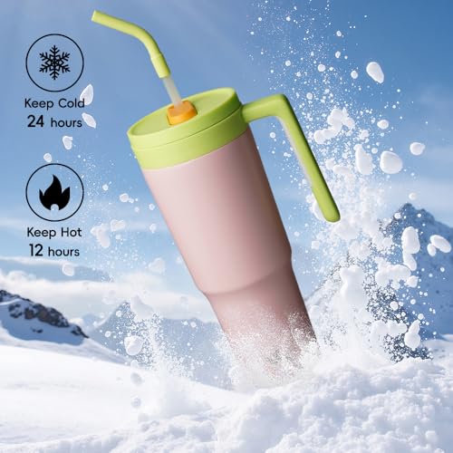Image of Konokyo 12 Pack 40 Oz Tumblers with Handle and Straw, Bulk Vacuum Insulated Stainless Steel Travel Mugs with Lids for Office, Events and Group Orders Cherry