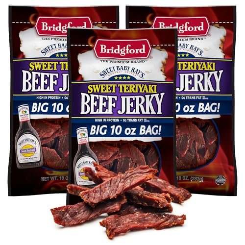 Bridgford Sweet Baby Ray's Beef Jerky Sweet Teriyaki 10 oz Pack of 3 - High Protein Beef Jerky for Low Carb and High Protein Diets - Ready-to-Eat Snacks for On-The-Go Snacking and Busy Lifestyles