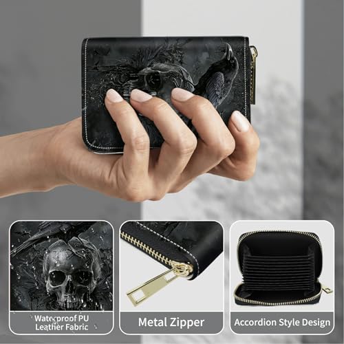 Image of Cute Credit Card Holder with Zipper, Crow Skull RFID-Blocking Card Case Small Wallet for Women Men, Multi-slot Card Organizer Case Travel Accordion Wallet