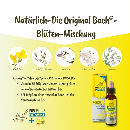 Bach Bachblüten RR Plus Tropfen mit Vitamine B5 + B12, 20ml I Bachblütenmischung, ohne Alkohol I ehemals Rescue