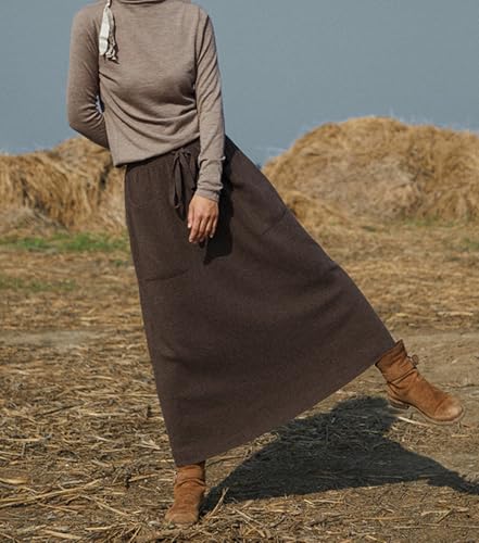 Women's Maxi Wool Skirt with Pockets Elastic High Waist Drawstrings Autumn Winter Pleated Midi Skirt2
