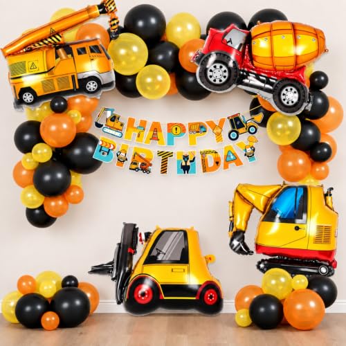 Image of Construction Theme Birthday Decoration Kit for Boys - 35 Pcs Happy Birthday Banner with Excavator, Crane, Forklift & Truck Foil Balloons Decoration Set for Kids Birthday Party