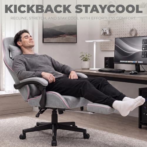 Image of Dowinx Gaming Chair Fabric with Pocket Spring Cushion, Massage Game Chair Cloth with Headrest, Ergonomic Computer Chair with Footrest 290LBS, Pink and Grey