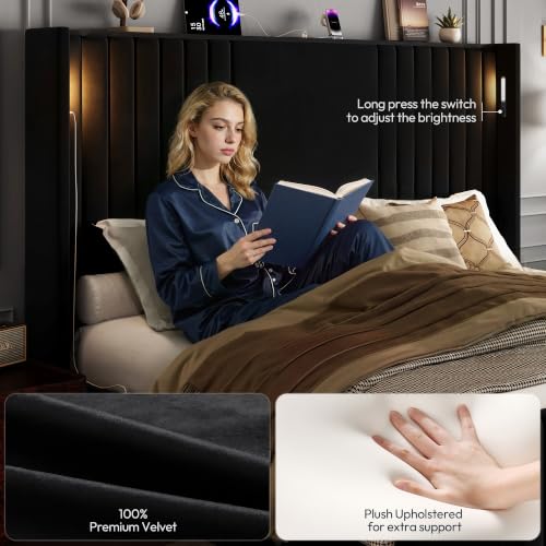 Image of 55 inch Tall Queen Size Platform Bed Frame with 2 Reading Lights, Black | Channel Tufted Velvet Upholstered Wingback Bed, 20.1 inch Footboard, 2 Side Pockets, Storage Shelf & Charger, Easy Assembly