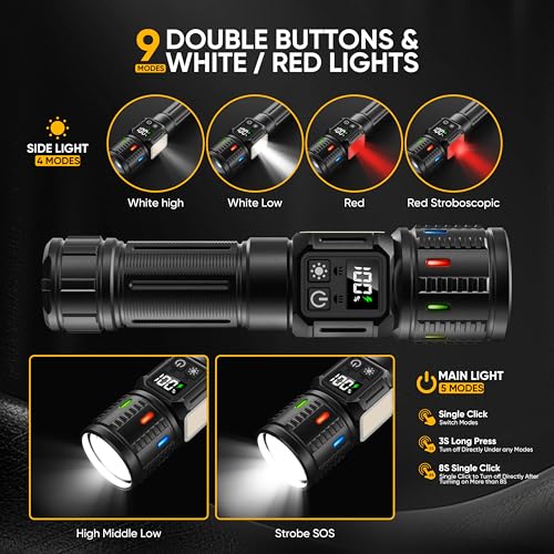 lesusnicy Rechargeable Flashlights High Lumens 100,000, Super Bright LED Flash Light Long Lasting USB C LCD Display, Dual Light Source & Buttons with Red Light, for Camping Hiking Emergency Home Gift - image 3