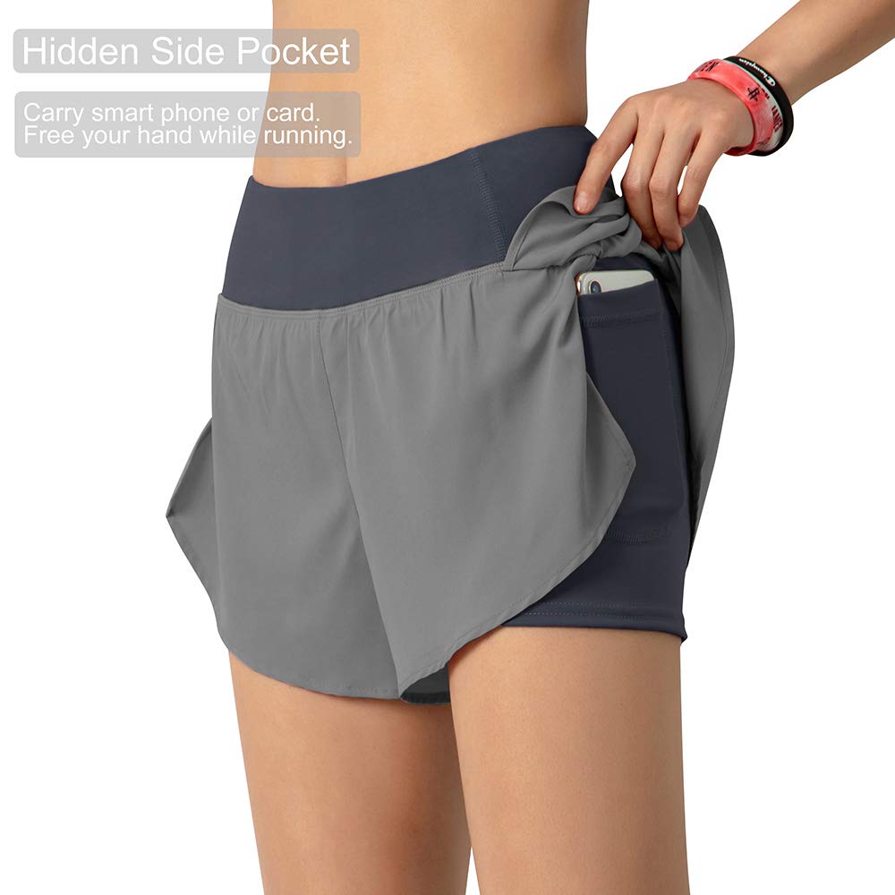 LIXADA Femmes 2-en-1 Short de Course avec Poche Large Ceinture Double Couche Doublure Couche de Couverture Sportswear pour Se prélasser Sport Yoga Athlétique d'entraînement