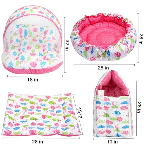 Image of Fareto Combo of Baby Nest | Net with Bed | Carry Bag | 4 Pcs Bedding Set(0-6 Months) (Fullset Nest) (FULLSET NEST Peach SPRIAL)