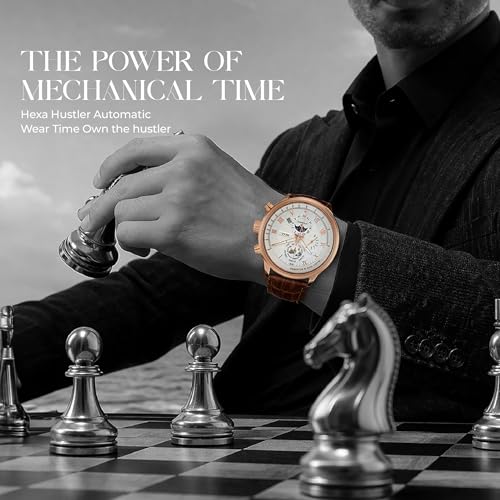 Image of HEXA Hustler Automatic Mechanical Watch for Men | Multifunction Analog Dial | Leather Strap | 45 mm Round Case | Mineral Glass | 3ATM Water Resistant Luxury Watch