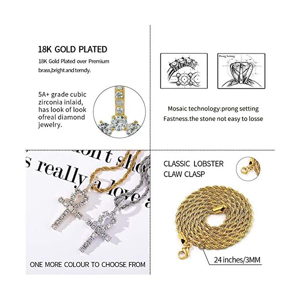JINAO 18K Gold Plated Iced Out Cubic Zirconia Classic Ankh Nail Mini Cross Egyptian Pendant Necklace Hip Hop Jewelry for Men Women with Stainless Rope Chain - Image 3