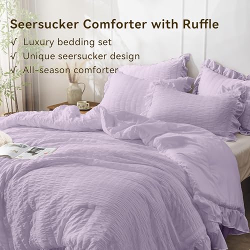 JOLLYVOGUE Lavender Comforter Full Size, 3 Pieces Seersucker Lightweight Full Size Bedding, All Season Fluffy Microfiber Bedding Comforter Set with 1 Ruffle Comforter and 2 Ruffle Pillowshams