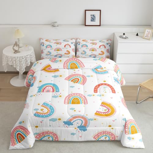 Feelyou Unique Rainbow Comforter Set Full Size Sun and Cloud Bedding Set for Kids Boys Girls Decor Cartoon Comforter Microfiber Colorful Quilt Set Bedroom Bedclothes