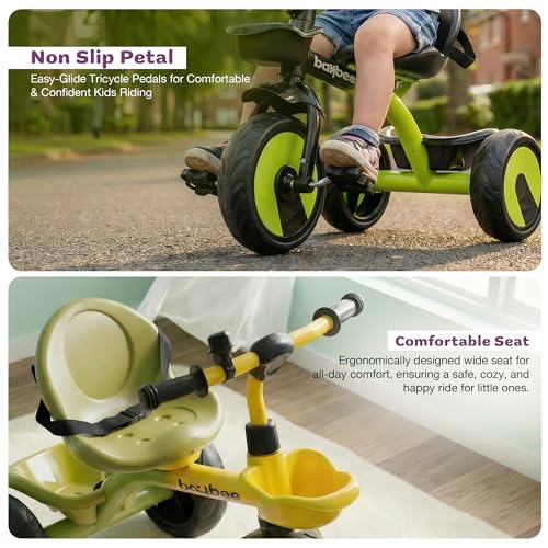Image of Baybee Nova Baby Tricycle for Kids | Plug & Play Kids Cycle with Safety Belt & Front and Back Storage | Kid Cycle Trikes with Eva Wheels | Baby Cycles for Kid 2 to 5 Years Boys Girls (Green /Yellow)