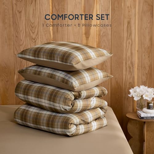 Image of Wake In Cloud - Plaid Comforter Set, Scottish Tartan Check Geometric Modern Pattern Printed, Soft Lightweight Bedding, 3 Pieces, Brown, Full Size