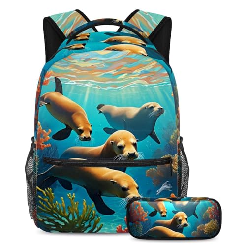 Sac d'école lion de mer et sa trousse pour ranger les cahiers au collège