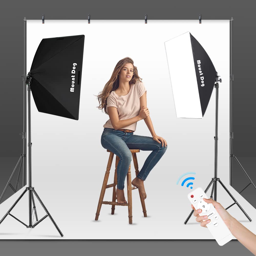 MOUNTDOG Softbox Lighting Kit, 2x19.7"x27.5" Photography Continuous Lighting System with 2pcs 85W 5700K E27 Socket LED Bulbs and Remote for Portrait Product Fashion Photography