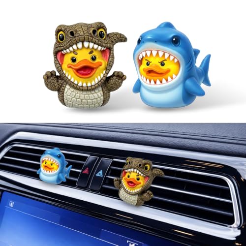 Image of GENANY 3D Resin 2Pcs Rubber Duck Car Air Freshener Vent Clip, Hand Painted Yellow Duck Dinosaur and Shark Costume Designs, Cute Automotive Freshener Gift for Duck Lovers