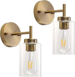 ETONIMERR 2 Pack Gold Wall Sconces Industrial Brass Gold Vanity Lights for Bathroom, Rustic Single Wall Light Fixtures, Farmhouse Wall Lamp with Glass Shade for Living Room Bedroom Entry Hallway Foyer