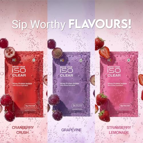 Image of MuscleBlaze Biozyme Clear Whey Isolate, Assorted Flavours, 15 Sachets | 15g Protein Per Sachet in Strawberry Lemonade, Grapevine & Cranberry Crush Flavours