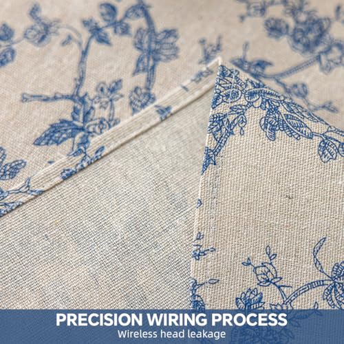 Image of HASTHIP Floral Table Cloth - 150x180cm Blue Linen with Tassel, Rustic Elegant Cotton-Linen Blend Dining Table Cover, Decorative Protector for Kitchen, Dining Room & Outdoor Use