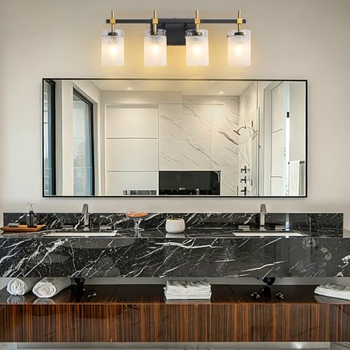Image of 4-Light Modern Bathroom Vanity Light,Black and Gold Light Fixtures for Bathroom,Modern Wall Light Over Mirror with White Linen Frosted Glass E26 Socket (Bulbs Not Included)