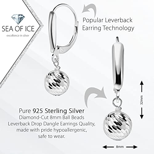Sea Of Ice Leverback Drop Dangle Earing– Diamond-Cut 8Mm Ball Beads - Elegant Sterling Silver Earrings For Women – Nickel-Free Jewelry #TOP1