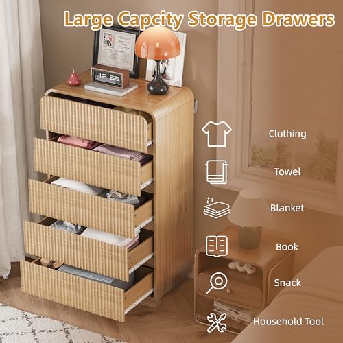 Image of Wodeer Natural Oak Dresser Fluted Tall 5 Drawer Dresser for Bedroom, Wood Chest of Drawers with Hidden Handles & Rounded Corners, Modern Storage Cabinet and Organizer Drawers for Living Room, Hallway