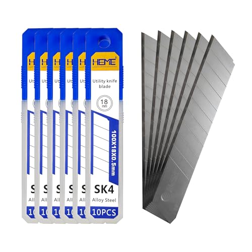HIEMIE Tools 60Pcs 18mm Utility Knife Replacement Snap off Blades 60 Degree，Blades for Utility Knife and 18mm Box Cutter - Razor Sharp SK4 Steel