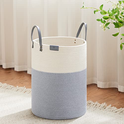 Image of VIPOSCO Small Laundry Basket, Slim Baby Hamper with Leather Handle, Cute Woven Rope Storage Basket for Blanket, Kids Toy, Clothes In Living Room, Bathroom, Bedroom, Nursery Room - 30L Grey & White