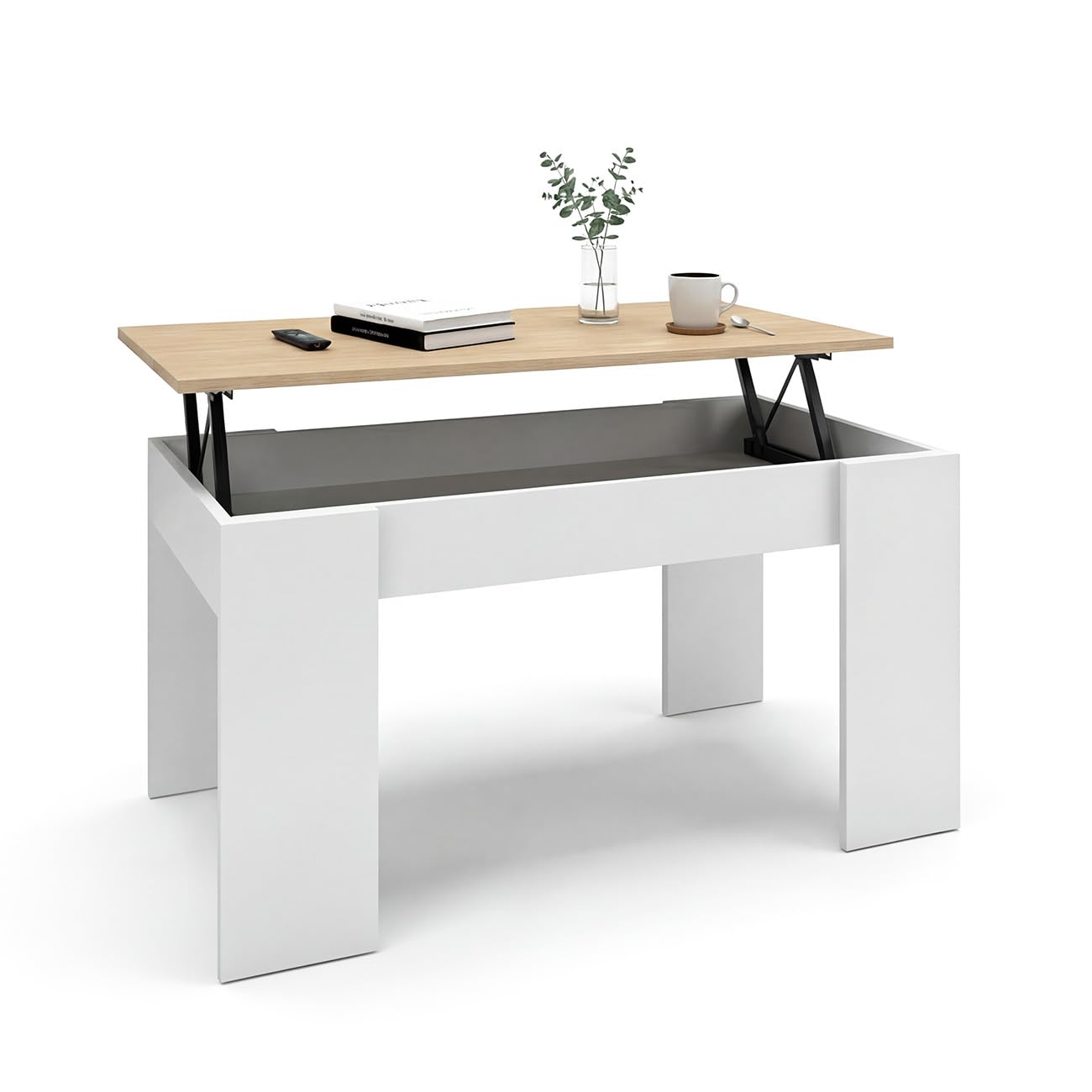 duehome | Mesa de Centro elevable, Mesita de Salón Comedor, Acabado en Blanco Artik y Roble Canadian, Modelo Norak, Medidas: 90 cm (Largo) x 50 cm (Ancho) x 45-53,3 cm (Alto)