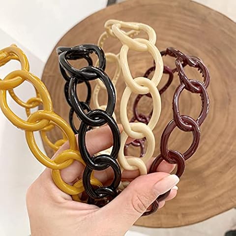 ShungFun 4pcs Plastic Chain Wide Hollow Simple Headband Antislip Hair Loop Clasp Hairbands Headwear for Hair Accessories (Yellow,Black,Beige,Red) Cover