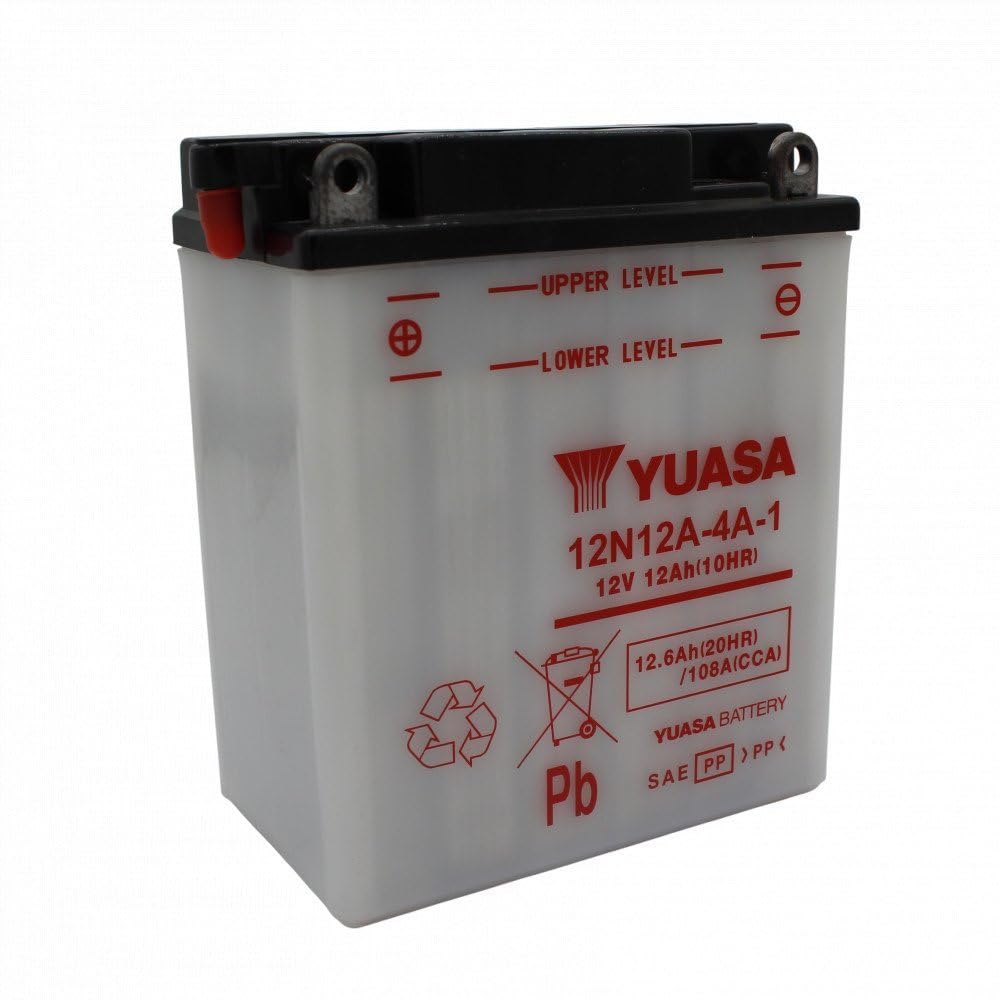 YUASA 12N12A-4A-1 Batterie de Moto, Noir | Types équivalents YB12A-A, 6S3P; 134 × 80 × 160 millimètres, 120 ampères de démarrage à froid, 0,7 litre, dégazage à gauche