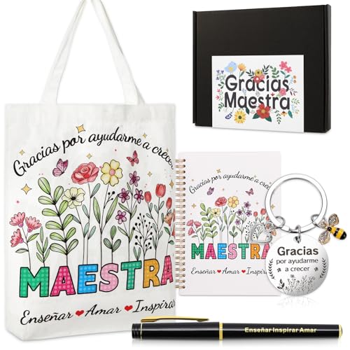 Echehi Conjunto de 6 peças presente de professor infantil, inclui Tote Bag, caderno A5, porta-chaves, caneta esferográfica, cartão e caixa de presente original para professor