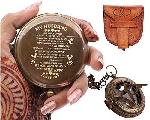 Yvcrafts Brass Sundial Compass With Leather Case And Chain, Engraved Gift For Him, Sundial Clock Unique Gifts For Men, Personalized Compass For Boyfriend, Fiancé Camping, Hiking (Husband-I Love You) #TOP10