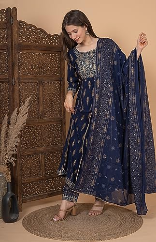 Image of MEERA FAB Women's Rayon Printed Blue Anarkali Kurta with Palazzo & Dupatta Set