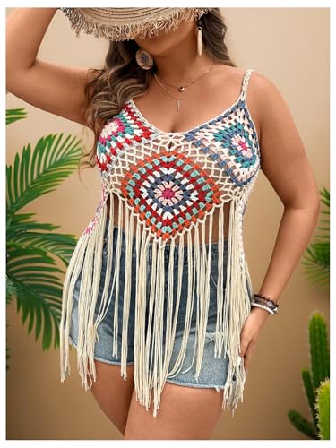 WDIRARA Women's Plus Size Floral Crochet Cami Top Boho Hollow Out Fringe Sleeveless Cover Up Tops3
