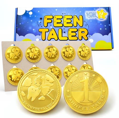 LumeeStar Zahnfee Taler Goldmünze (10x) Magisches Andenken für Kinder Mädchen Geschenke & Jungen Geschenke ideal für Zahndose Milchzähne Fairy Münzen Andenken Goldtaler Münze