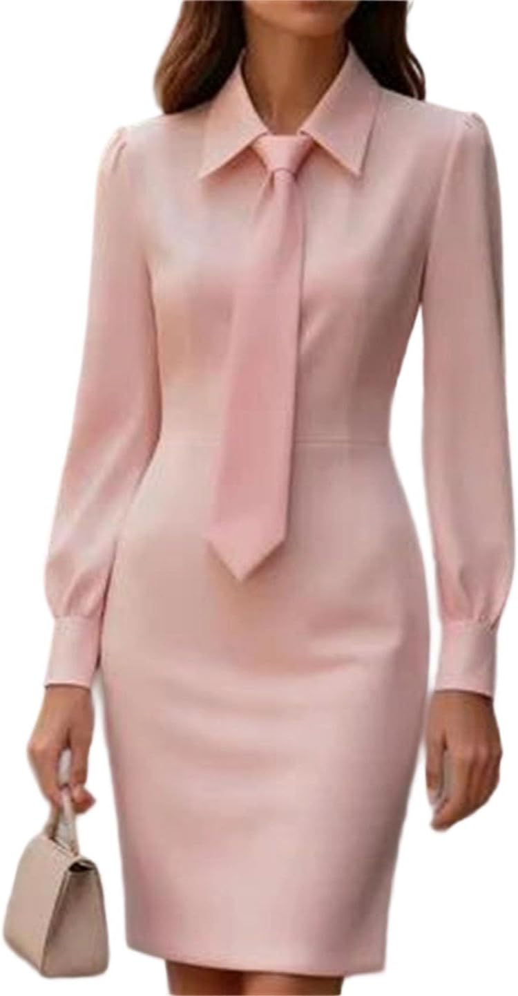 Women's Elegant Solid Office Long Sleeve Turn Down Collar Package Hip Robe Dress
