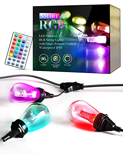 Lightdot 96FT (2x48FT) Outdoor RGB String Lights with Remote, Color Changing Lights with Shatterproof Waterproof Dimmable Bulbs, String Lights for Outside with Remote for Holiday Party Decor Lightdot 96FT (2x48FT) Outdoor RGB String Lights with Remote, Color Changing Lights with Shatterproof Waterproof Dimmable Bulbs, String Lights for Outside with Remote for Holiday Party Decor