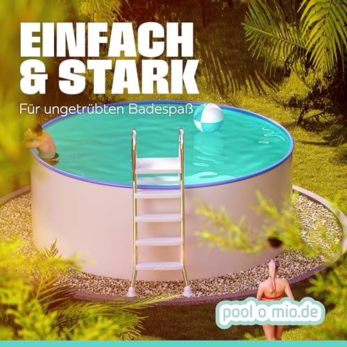 poolomio® Poolleiter Edelstahl mit Handlauf bis 132 cm | Einstiegsleiter mit 4 Stufen für Aufstellpools bis 1,32 m Höhe | sicherer Einstieg, langlebig, stabil | Sicherheitsleiter Traglast 150 kg