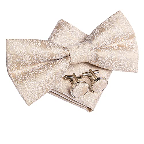 Image of Hi-Tie Bow Ties for Men Pre-Tied Pocket Square with Cufflinks Mens Bowtie Sets for Wedding Formal Party