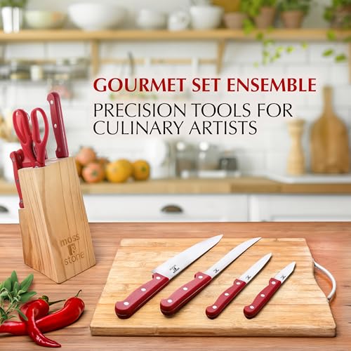 Image of Moss & Stone Red 14 Pcs Kitchen Knife Set with Block, Stainless Steel
