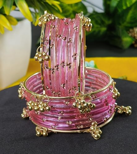 Image of NMII Viral Multi Colour Glass Bangles with Golden Ghungroo Charms & Stone Work For Women & Girls | Fancy Designer Glass Bangle | Traditional Chudi | Kanch Ki Churi | Stylish Ghungroo Bangle For Women