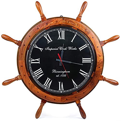 Nagina International 30" Nautical Ship Wheel Black Dial Imperial Clock Works (Birmingham) | Vintage Colonial Style Wall Hanging Decor & Clock | Ocean Gifts Ideas - Image 2