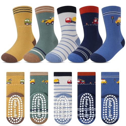 Kyopp Lot de 5 paires de chaussettes antidérapantes pour enfants en coton avec motifs d'animaux - Chaussettes ABS antidérapantes pour garçons et filles - 25-37 EU,...