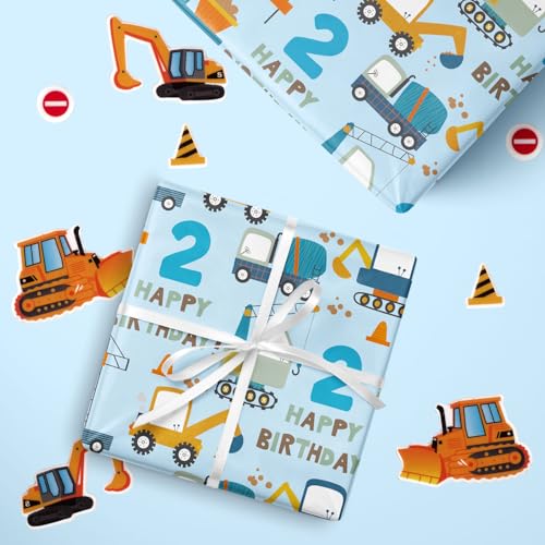 RUSPEPA 2nd Birthday Wrapping Paper for Boy - Mini Roll - Blue Cartoon Cars Trucks and "Happy Birthday" Text Pattern- 43.2cm x 5m - 2 Years Old - Image 3