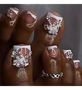 White French Tip Press on Toenails Short Square Fake Toe Nails with Silver Butterfly White Flower...