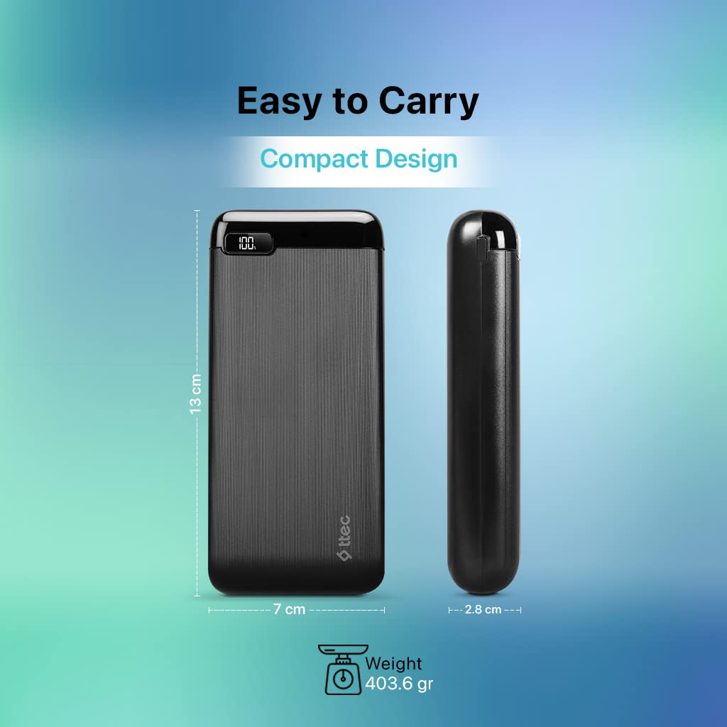 Power Ttec PowerSlim LCD Powerbank 20.000 MAh Con USB-C - Batteria Esterna Sottile Con Display