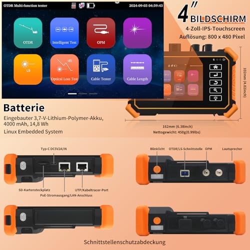 Henkion OTDR Fiber Optic Tester 1610nm 26dB, Glasfasertester unterstützt OPM, LS, OLS, VFL, Ereigniskarte, UTP/RJ45 TDR kabeltest/Längenkabeltester, Netzwerktester, 8 Faseradapter, FTP/Bericht