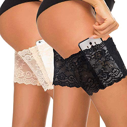 Women Sexy Elastic Thigh Bands Lace Anti Chafing with Non Slip Silicone Prevent Rubbing with Pocket for Excersise Workout